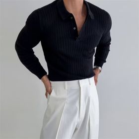 Lapel Button Long Sleeve Polo Shirt Slim Fashion Solid Striped Knitted Bottoming Shirt Top Men's Clothing (Option: Black-M)