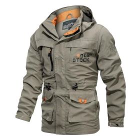 Cross-border AliExpress jacket men's mid-length casual outdoor hooded plus size jacket men's jacket spring and autumn (Option: Khaki-XL)