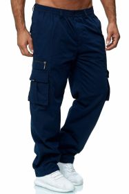 Men's Casual Multi-pocket Loose Straight Cargo Pants (Option: Navy Blue-M)