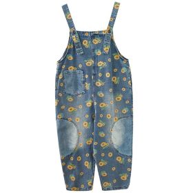 Women's Summer Retro Literary Print Denim Overalls (Option: Blue-2XL)