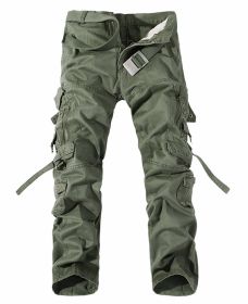 Men's Multi-pocket Cargo Pants Washed Hot Sale Cargo Pants (Option: Grass green-30-Without belt)