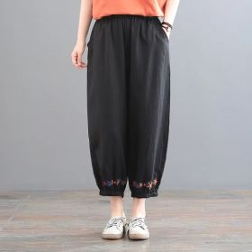 Women's Vintage Cotton Linen Solid Color Casual Pants (Option: Black-M)