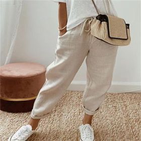 Women's Fashion Cotton Linen Solid Color Casual Pants (Option: Beige-M)