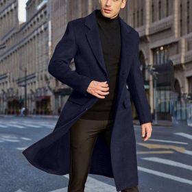 Men's Long Trench Coat Woolen Coat (Option: Navy Blue-S)