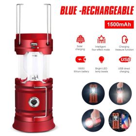 Solar LED Camping Light Portable Camping Lamp USB Rechargeable Flashlight Emergency Tent Lamp Torch Waterproof Lighting Outdoor (Wattage: Red Charging, Ships From: CN)