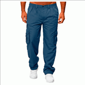 Men's Casual Multi-pocket Loose Straight Cargo Pants (Option: Denim blue-L)