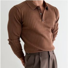 Lapel Button Long Sleeve Polo Shirt Slim Fashion Solid Striped Knitted Bottoming Shirt Top Men's Clothing (Option: Dark Brown-L)